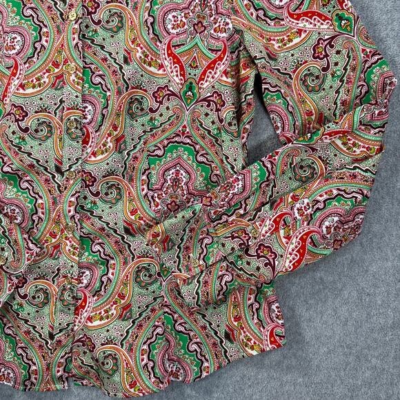 Talbots Colorful Paisley Button Down Shirt Women's 14 Petite Stretch Green Pink - Picture 2 of 9